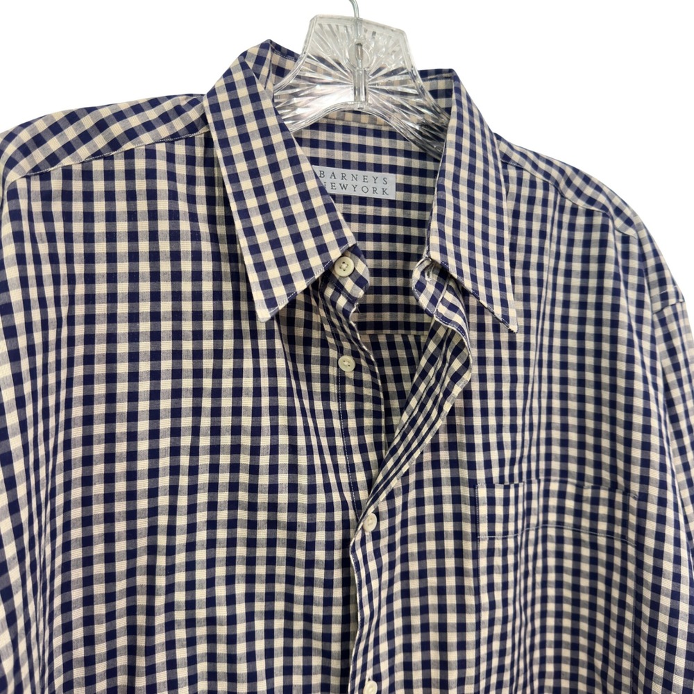 Barneys New York Shirt Mens L Navy Gingham Button Down Made in USA Cotton Prep